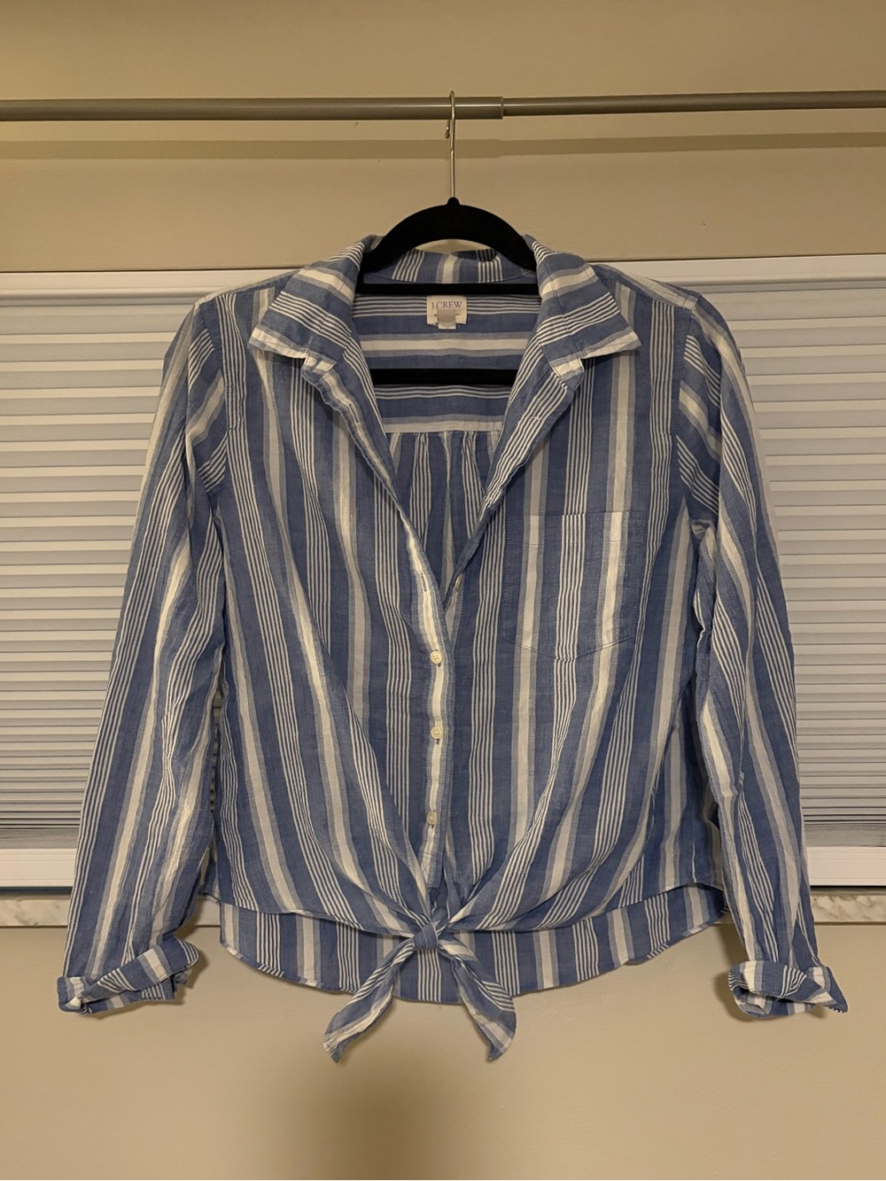 J. Crew Blue and White Striped Tie-Front Button-Down Shirt